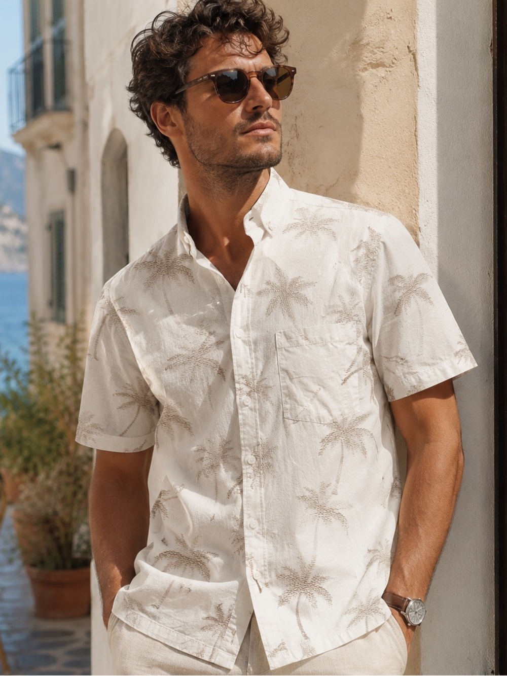 Folk Coast SS Shirt Men’s Medium Palm Print 100% Cotton $252 Retail Vaca Summer